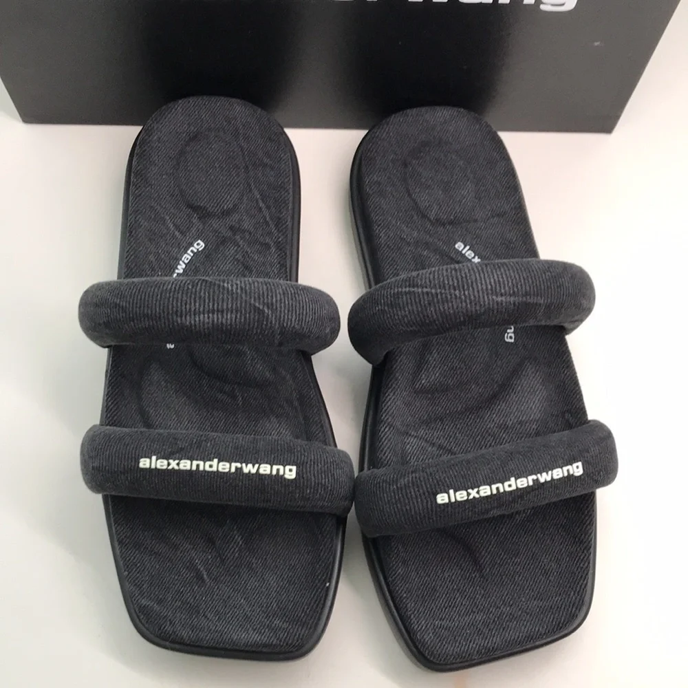 New Authentic Alexander Wang Women’s Jay Flatform Slides – Grey Denim